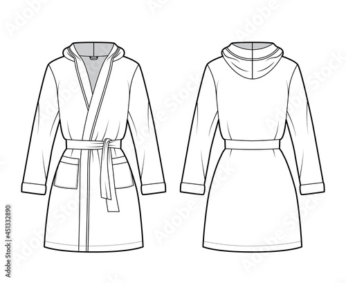 Hooded Bathrobe Dressing gown technical fashion illustration with wrap opening, mini length, oversized, tie, pocket, long sleeves. Flat garment front, back, white color style. Women, men, CAD mockup