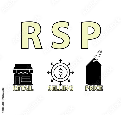 RSP Retail Selling Price with simple icon and keywords on white background