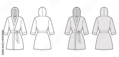 Bathrobe hooded Dressing gown technical fashion illustration with wrap opening, mini length, oversized, tie, elbow sleeves. Flat garment front, back white grey color style. Women men unisex CAD mockup