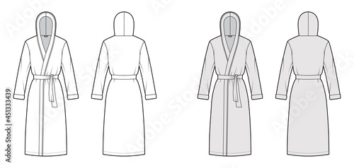 Bathrobes hooded Dressing gown technical fashion illustration with wrap opening, knee length, tie, long sleeves. Flat garment apparel front, back, white grey color style. Women, men, unisex CAD mockup