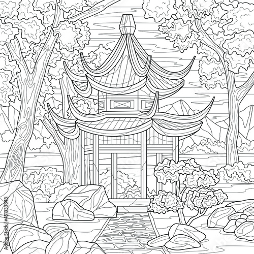 Chinese gazebo.Coloring book antistress for children and adults. Illustration isolated on white background.Zen-tangle style. Hand draw