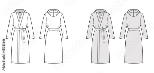 Bathrobes hooded Dressing gown technical fashion illustration with wrap opening, knee length, oversized, tie, long sleeves. Flat garment apparel front, back, white grey color. Women, men, CAD mockup