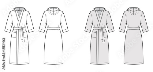 Bathrobes hooded Dressing gown technical fashion illustration with knee length, oversized, tie, pocket, elbow sleeves. Flat garment apparel front, back, white grey color. Women, men, unisex CAD mockup