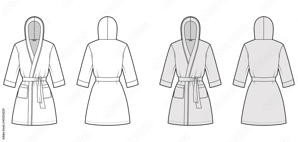 Bathrobe hooded Dressing gown technical fashion illustration with wrap opening, mini length, oversized, tie, pocket, elbow sleeves. Flat front, back white grey color style. Women men unisex CAD mockup Bathrobe hooded Dressing gown technical fashion illustration with wrap opening, mini length, oversized, tie, pocket, elbow sleeves. Flat front, back white grey color style. Women men unisex CAD mockup