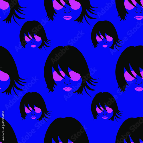 Head of a girl in pink glasses on a blue background, texture for design, seamless pattern, vector illustration