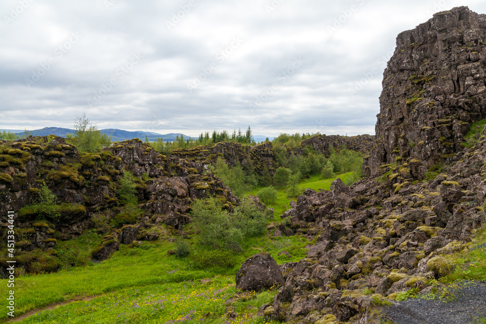 Rainy landscape panorama on rocks in Pingvellir Thingvellir Park in Iceland Rainy landscape panorama on rocks in Pingvellir Thingvellir Park in Iceland