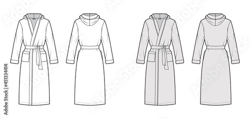 Bathrobes hooded Dressing gown technical fashion illustration with knee length, oversized, tie, pocket, long sleeves. Flat garment apparel front, back, white grey color. Women, men, unisex CAD mockup