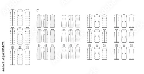 Set of Down vest puffer waistcoat technical fashion illustration with pouch, stand hoody collar, zip-up closure, midi maxi length, quilting. Flat template front, back, white color. Women, men top CAD