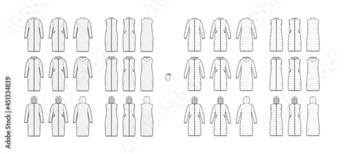 Set of Down vests coats puffer waistcoat technical fashion illustration with pouch, zip-up closure, loose fit, classic quilting. Flat template front, back, white color. Women men unisex top CAD mockup