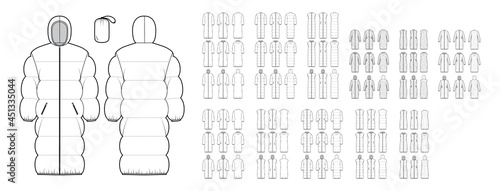 Set of Down vests coats puffer waistcoat technical fashion illustration with pouch, stand hoody collar, oversized, classic narrow wide quilting. Flat front, back, white color. Women men top CAD mockup
