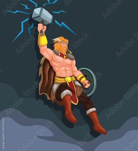 Thor god thunder with lightning hammer flying character illustration vector