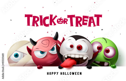 Halloween trick or treat text vector design. Happy halloween with scary, spooky and creepy character background in cute facial expression horror elements. Vector illustration