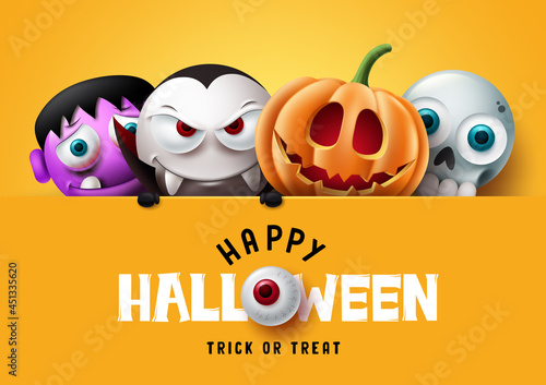 Happy halloween text vector template design. Halloween trick or treat characters scary, spooky and creepy mascot emoji in yellow background. Vector illustration. 