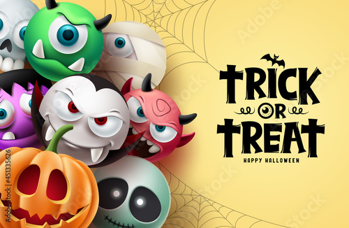 Halloween character vector background design. Happy halloween trick or treat text with scary, spooky and creepy mascot characters in cute facial expression. Vector illustration photo