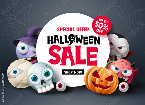 Halloween sale banner design. Halloween special offer discount text with scary and spooky cute character for holiday shopping advertisement background. Vector illustration