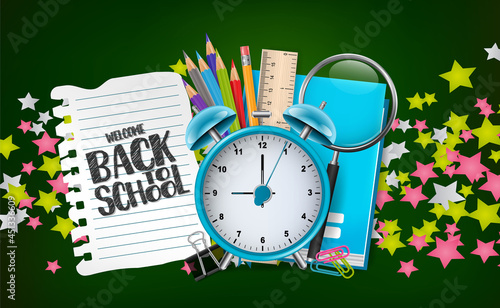 School banner. Colorful stars on blue background with lettering and stationery supplies. Realistic 3d vector illustration.