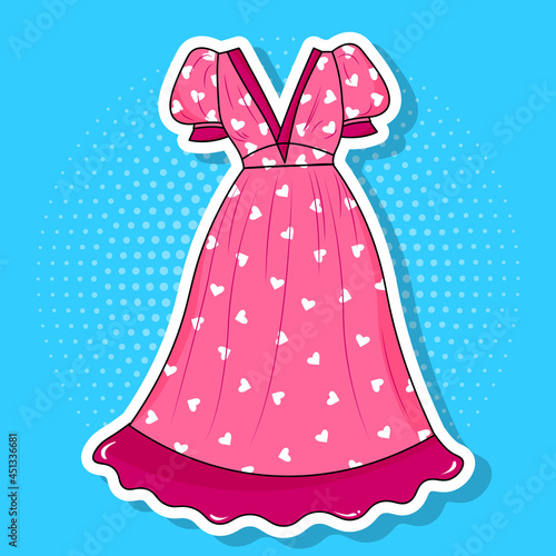 Sticker, pink dress with hearts, fluffy dress,
 in love. Icon on pop art retro vintage background. Trendy color illustration	