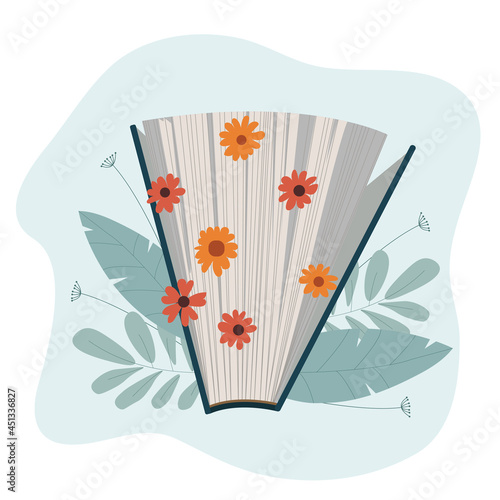 A  books with flowers between pages
