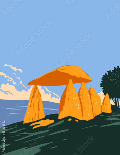 Art Deco or WPA poster of Pentre Ifan Dolmen monument or megalithic tomb within Nevern Community, Pembrokeshire in Wales United Kingdom done in works project administration style.