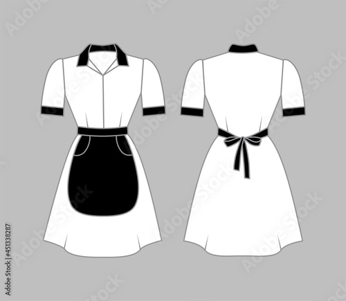 Maid uniform front and back view. Women clothing with a black apron, collar and cuffs. Vector illustration
