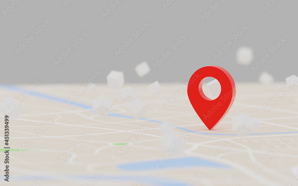 3D Rendering red GPS pinpoint of destination on the map, for navigator and route for travel concept, select focus shallow depth of field 3D Rendering red GPS pinpoint of destination on the map, for navigator and route for travel concept, select focus shallow depth of field