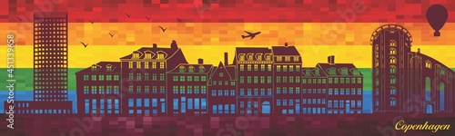 Copenhagen on LGBT flag background - illustration, 
Town in Rainbow background, 
Vector city skyline silhouette
