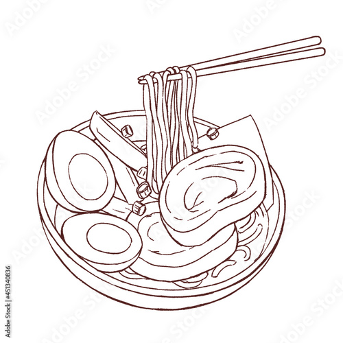 Japanese Ramen with meat and egg, line doodle