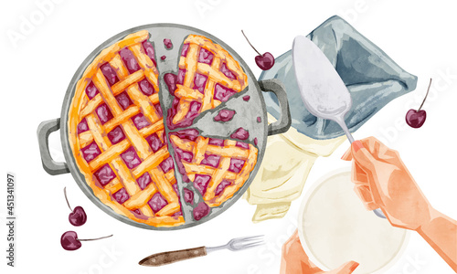 チェリーパイの上から見た手描き水彩風イラスト