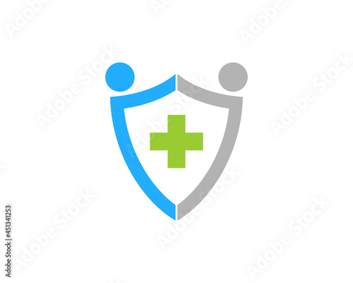 Abstract people hand to hand forming shield shape logo