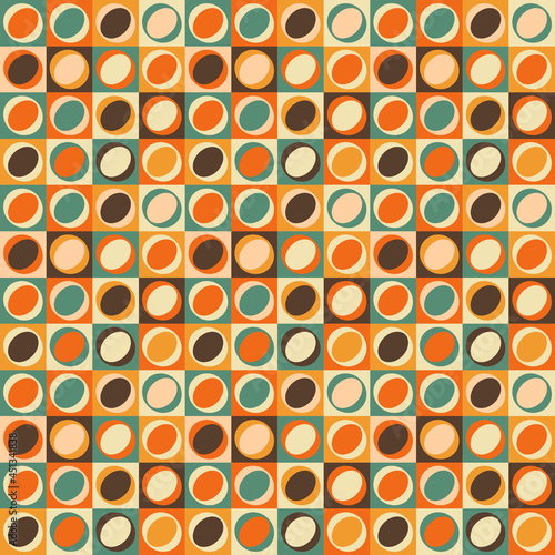 Mid-century modern seamless pattern, geometric shapes in retro colors. Abstract repeating geometry background