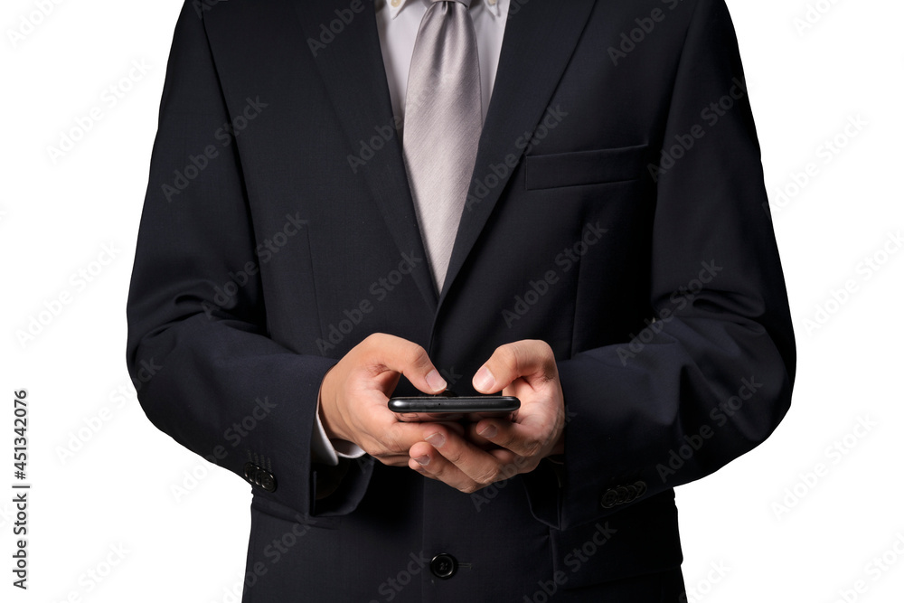Businessman use smartphone isolated on a white background, Businessman hand isolated on a white background With clipping path. Businessman use smartphone isolated on a white background, Businessman hand isolated on a white background With clipping path.