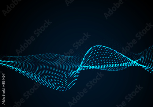 Wave of particles. Blue vector dots background with a dynamic wave. Big data.