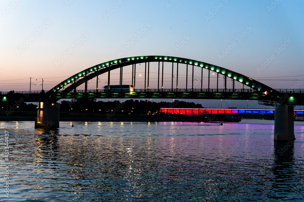 Belgrade, Serbia -  July 27, 2021: View of the Bridge on the Sava river from Belgrade Waterfront at night