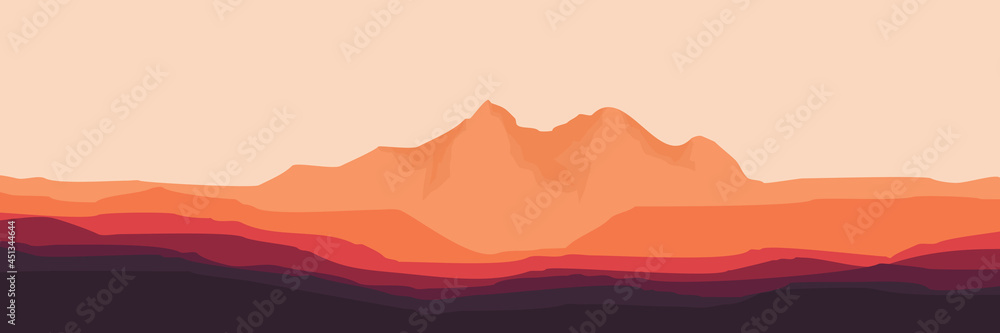 sunset mountain landscape illustration vector for banner background, web background, apps background, tourism design template and adventure backdrop	
