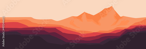 sunset mountain landscape illustration vector for banner background, web background, apps background, tourism design template and adventure backdrop 