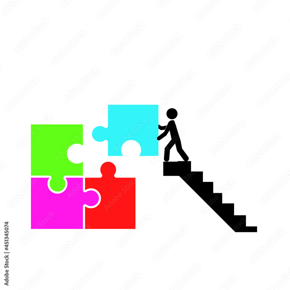 man comlete puzzle on the stairs. man comlete puzzle on the stairs.
