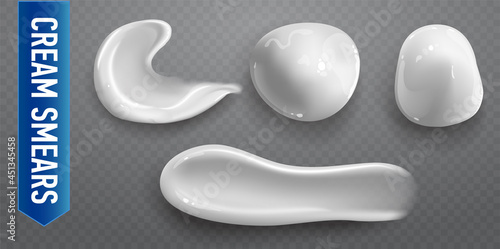 Set of realistic cosmetic cream smears. Skincare product of different body colors. Lotion smooth smear isolated vector texture on transparent background.