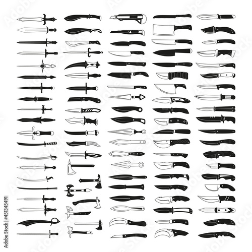 Collection of black silhouettes of steel arms and knives. Icons for creating tattoos, prints, stickers.