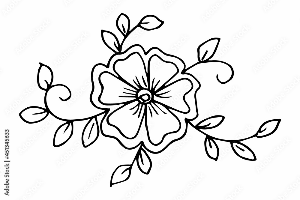 Freehand drawing of black and white flowers and leaves. Vector drawing for a coloring book. Doodle or sketch style. Freehand drawing of black and white flowers and leaves. Vector drawing for a coloring book. Doodle or sketch style.