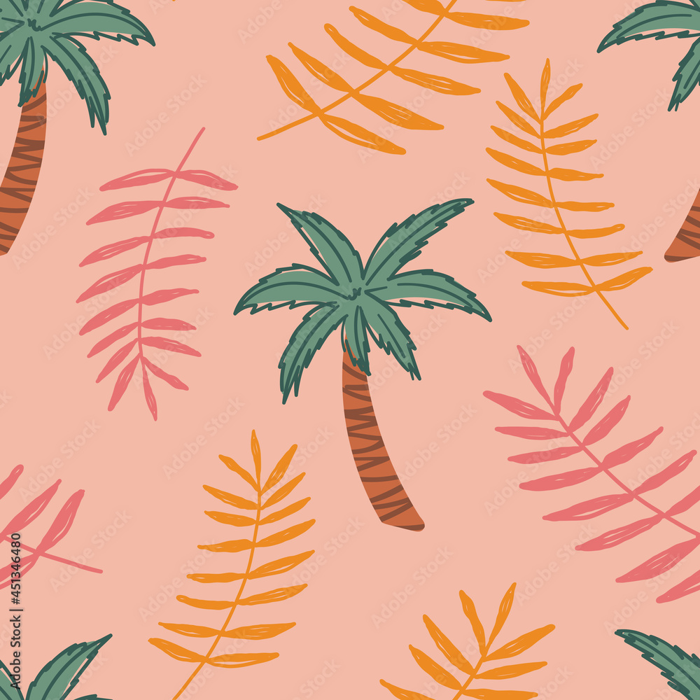 Tropical seamless pattern for apparel design, wallpaper, kids clothes. Palm trees with leaves background. Hawaiian seamless pattern.