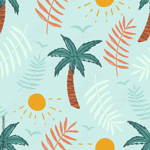 Tropical seamless pattern for apparel design, wallpaper, kids clothes. Palm trees with leaves background. Hawaiian seamless pattern.