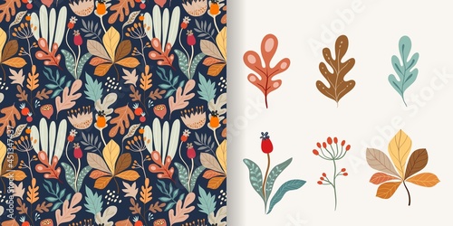 Autumn decorative set with seamless pattern and seasonal elements