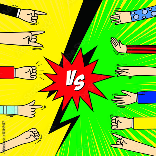 Comic frame VS with Human Hand  gestures, signals and signs. Versus duel battle or team challenge confrontation cartoon comics halftone background
