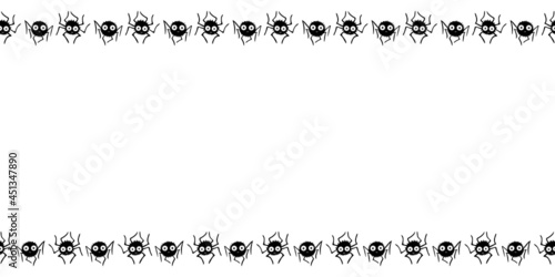 Background, frame for Halloween with cute outline spiders in flat style. Horizontal top and bottom edging, border, decoration for greeting card, invitation, party poster, banner