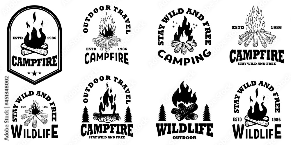 Fototapeta premium Set of emblem template with campfire. Design element for greeting card, t shirt, poster. Vector illustration