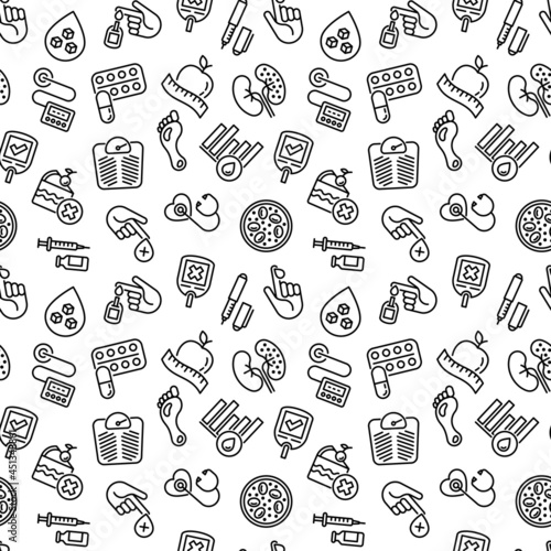 Diabetes seamless pattern with thin line icons: blood test, glucometer, glucose level, insulin pen, hyperglycemia, insulin pump, diabetic retinopathy. Vector illustration for medical background.