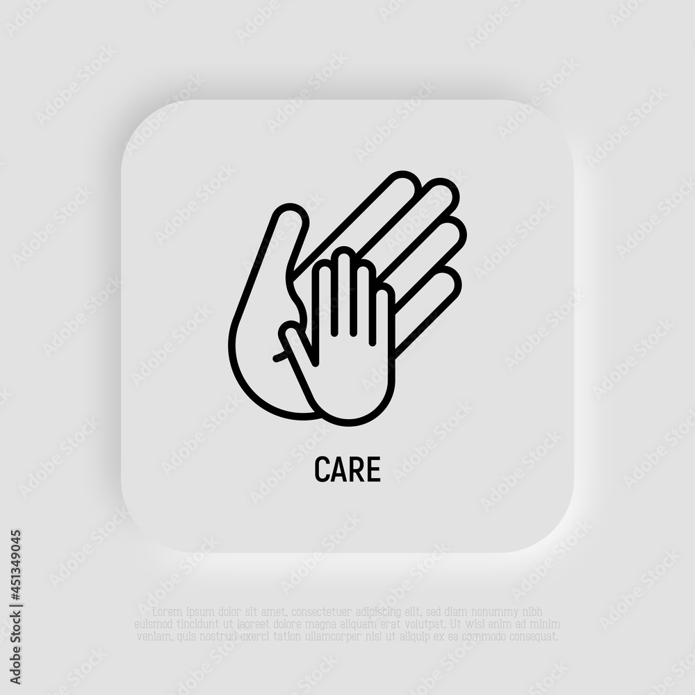 Hand of adult holds child's hand thin line icon. Modern vector illustration, care sign. Hand of adult holds child's hand thin line icon. Modern vector illustration, care sign.