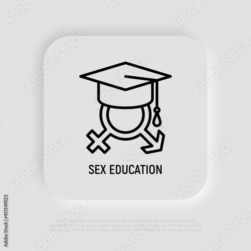 Sex education thin line icon. Gender symbols in mortarboard. Modern vector illustration.