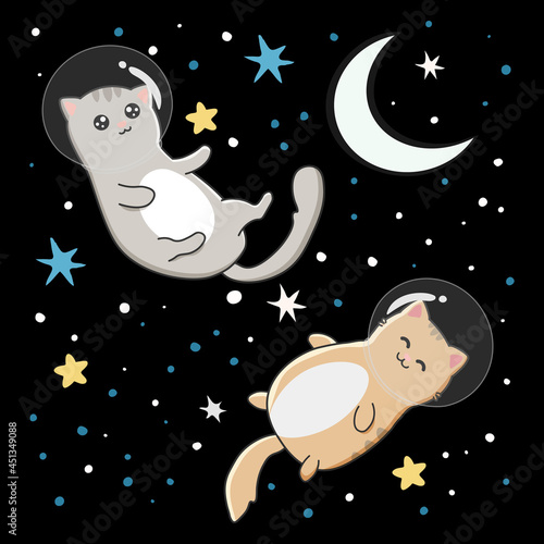 Illustration with cute cats astronauts on starry space background. Perfect for posters, greeting cards and other design.
