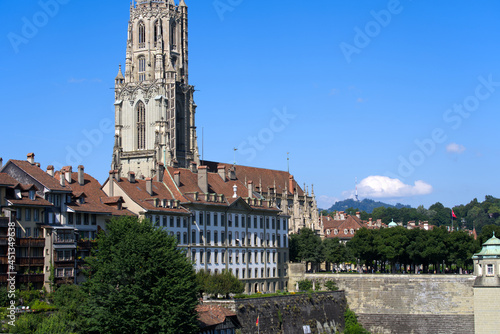 Church Berner Münster (German, translation is minster) at the old town of Bern on a beautiful summer afternoon. Photo taken July 29th, 2021, Bern, Switzerland.